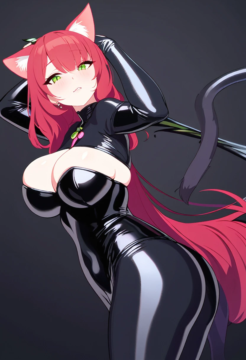 A breathtaking cat girl with stunning red hair cascading down her back, flowing gracefully over her curvaceous form. Her piercing green eyes seem to gaze directly into the viewer's soul, demanding attention. She is dressed in a form-fitting midnight black latex catsuit that hugs her curves and emphasizes her hourglass figure. The suit stretches tautly over her ample chest, accentuating her perky breasts, while the latex hugs her toned waist and accentuates her round hips. Her long, sleek legs are encased in tight-fitting latex pants that hug her thighs and accentuate her shapely calves. Her feline features are further enhanced by the addition of cat ears atop her head and a tail gracefully swaying behind her. Her painted, red, pointed nails extend elegantly from delicate hands and feet, accentuating her feline grace. The image is set against a simple, black background, allowing the focus to remain squarely on the alluring cat girl and her captivating appearance.