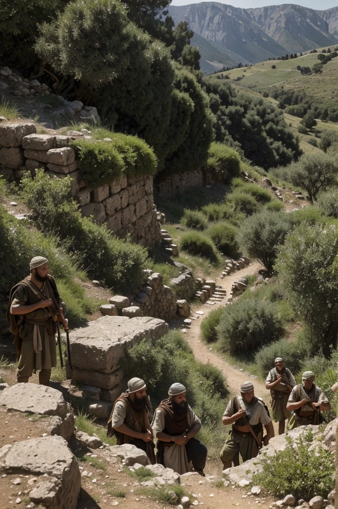 At the edge of the valley, hidden among the rocks and bushes, a small group of Jewish rebels cautiously observed every movement of the Roman camp. Their sun-beaten faces marked by determination reflected a mixture of hope and fear. With the leader at the head, a man with a rustic beard and lively eyes, they planned an ambush to weaken the occupation forces.