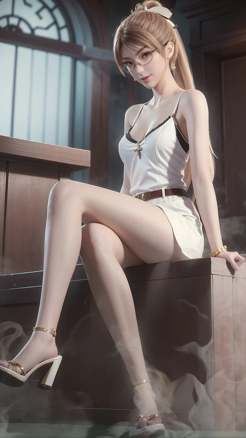 masterpiece,  best quality,  tthl, 1 Girl, ************, Solitary, Long hair:1.2, Large Breasts, Bangs, Hair accessories, Glasses, Single Ponytail, skirt, Bare shoulders, Jewelry, Brown hair, Alternative clothing, white skirt,  bracelet, ear rings,  长skirt, 蕾丝skirt, bracelet, High heel, 系带High heel, 细High heel, Charming smile,Cross your legs, Sitting in the bathtub, indoors, From below，White Camisole