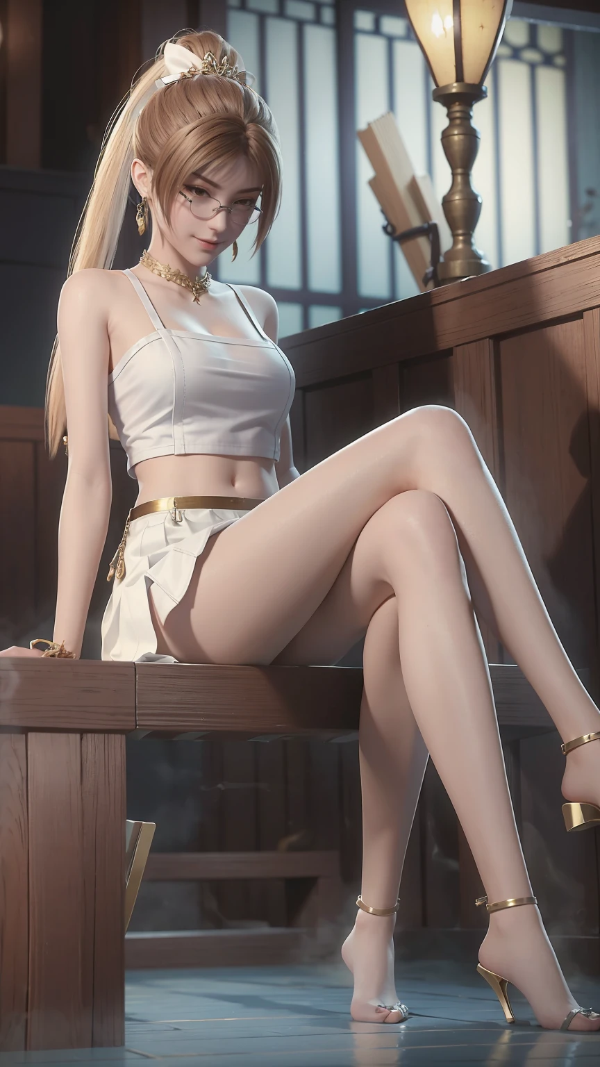 masterpiece,  best quality,  tthl, 1 Girl, , Solitary, Long hair:1.2, Large Breasts, Bangs, Hair accessories, Glasses, Single Ponytail, skirt, Bare shoulders, Jewelry, Brown hair, Alternative clothing, white skirt,  bracelet, ear rings,  长skirt, 蕾丝skirt, bracelet, High heel, 系带High heel, 细High heel, Charming smile,Cross your legs, Sitting in the bathtub, indoors, From below，White Camisole