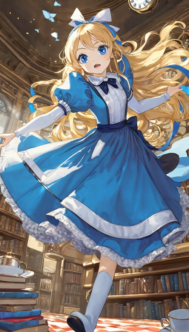 Alice, (Alice in Wonderland:1.1), cartoon illustration, 1cute girl with long-hair, (blonde-hair:1.2), floating long hair, open mouth, (light-blue round eyes:1.5), blue puffy sleeves, horizontal striped thigh-highs, blue apron, blue dress, (white and blue outfits:1.3), hair-ribbon, (big-blue-ribbon on head:1.4), teacup, cup, clock, antique watch, open book, saucer, in dark library, falling pose, her feet out of frame, 1arm out of frame, (dutch-angle:1.2), dynamic angle, cinematic lighting, glitter,
