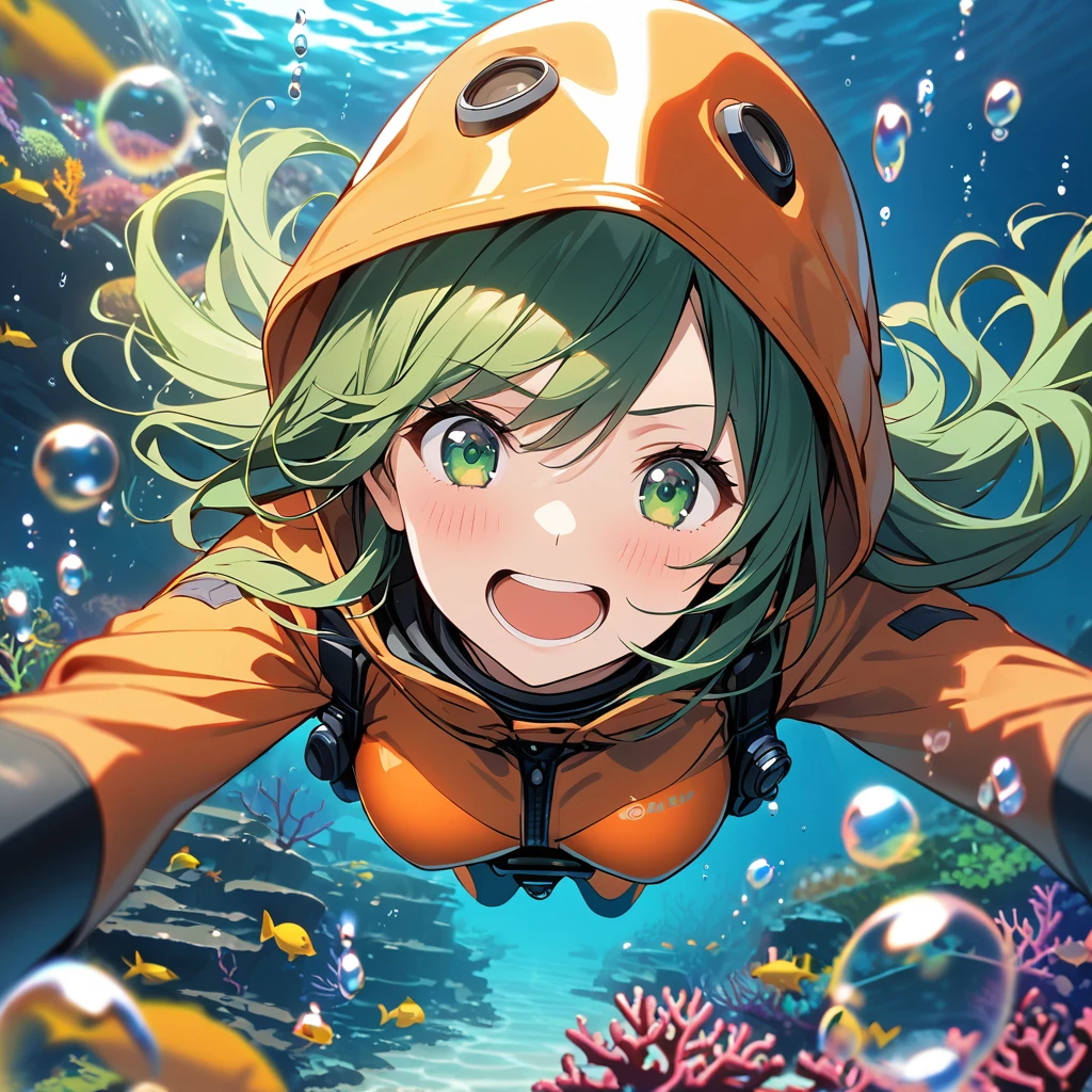 (best quality,detailed (heir|eye),select and generate best screen effect),((1girl,long-deepgreen-hair,green-eyes,orange-hooded-jacket)),An lady laughing underwater, wearing a scuba diving suit, her expression denotes calm and happiness,aerial view of woman dressed in swimsuit diving along coral reef, 1girl, medium breasts, solo, orange bikini, tanned skin, underwater, ((underwater)), ((surrounded by bubbles))