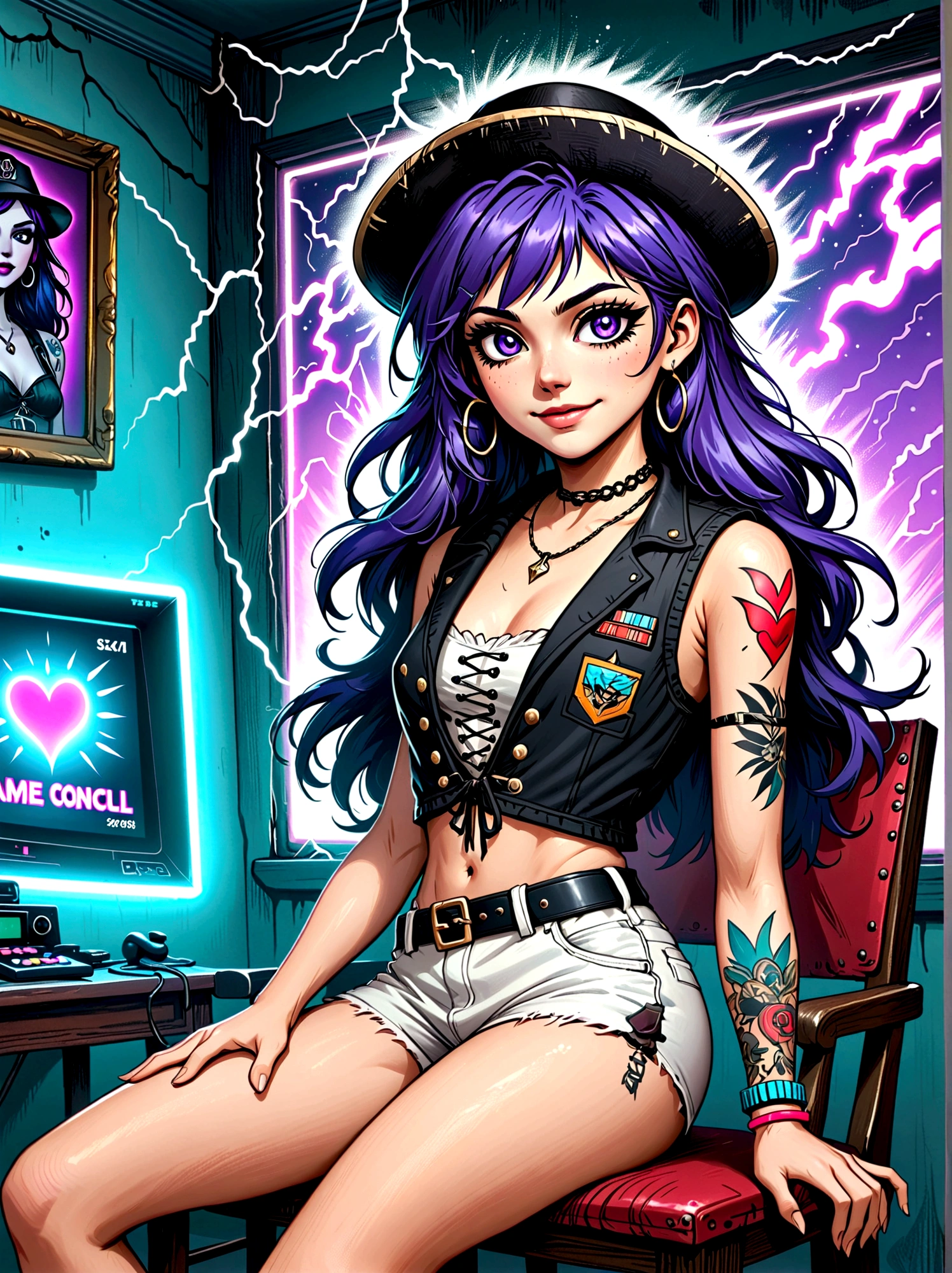 Top quality，Top image quality，masterpiece，girl，((18 years old，Cool Hats，Tattoo on the right shoulder，Black navel vest，White shorts，Best Bust，Bust 85，Purple Hair，Long hair，blue eyes，Open your heart，happiness，Chain accessories，Black wristband on wrist，sit on the chair，slim，Smile，With controller，Sexy pose，game耳机，income))，high quality，American comic book style，Background and((Neon colored room，game，game桌，game椅，game床，game机))，masterpiece，depth(lightning)