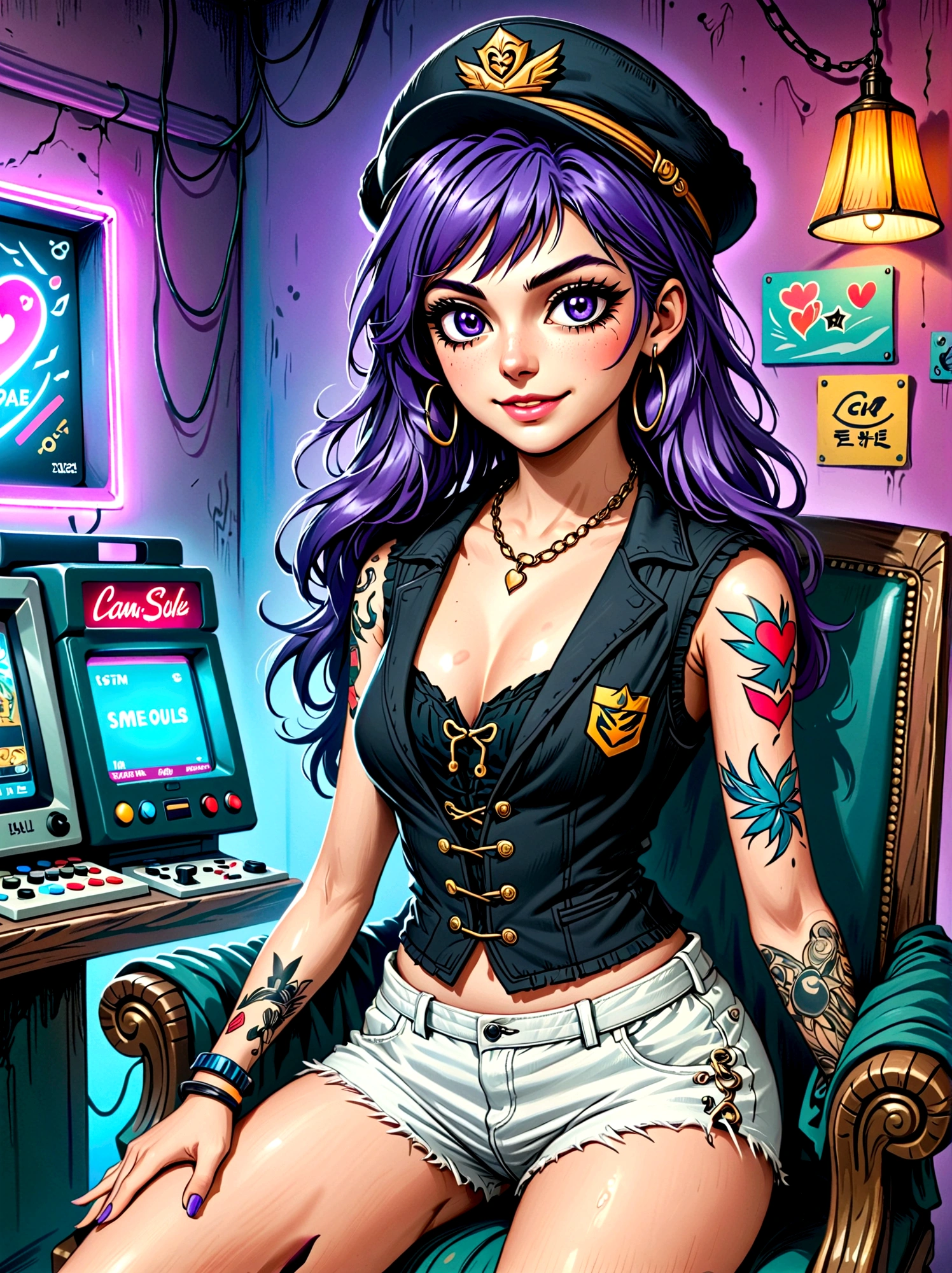 Top quality，Top image quality，masterpiece，girl，((18 years old，Cool Hats，Tattoo on the right shoulder，Black navel vest，White shorts，Best Bust，Bust 85，Purple Hair，Long hair，blue eyes，Open your heart，happiness，Chain accessories，Black wristband on wrist，sit on the chair，slim，Smile，With controller，Sexy pose，game耳机，income))，high quality，American comic book style，Background and((Neon colored room，game，game桌，game椅，game床，game机))，masterpiece，depth(lightning)