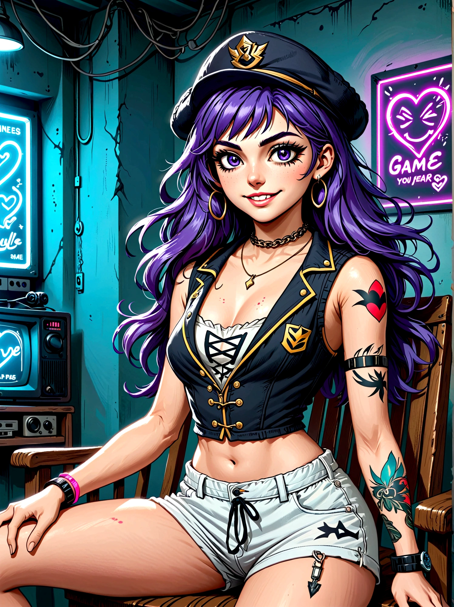 Top quality，Top image quality，masterpiece，girl，((18 years old，Cool Hats，Tattoo on the right shoulder，Black navel vest，White shorts，Best Bust，Bust 85，Purple Hair，Long hair，blue eyes，Open your heart，happiness，Chain accessories，Black wristband on wrist，sit on the chair，slim，Smile，With controller，Sexy pose，game耳机，income))，high quality，American comic book style，Background and((Neon colored room，game，game桌，game椅，game床，game机))，masterpiece，depth(lightning)