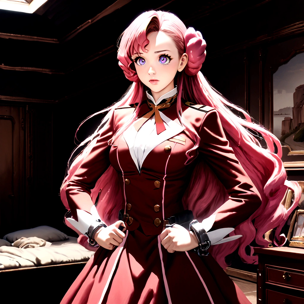 thick outlines, comics, photorealistic, perfect hands, masterpiece:1.2, bedroom background, 1girl, solo, standing with shackles on wristbands hands on hips, Euphemia_li_britannia, Euphemia_schoolgi_uniform, medium breast, detailed background, detailed face, detailed eyes