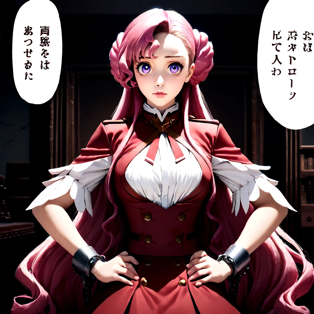 thick outlines, comics, photorealistic, perfect hands, masterpiece:1.2, bedroom background, 1girl, solo, standing with shackles on wristbands hands on hips, Euphemia_li_britannia, Euphemia_schoolgi_uniform, medium breast, detailed background, detailed face, detailed eyes