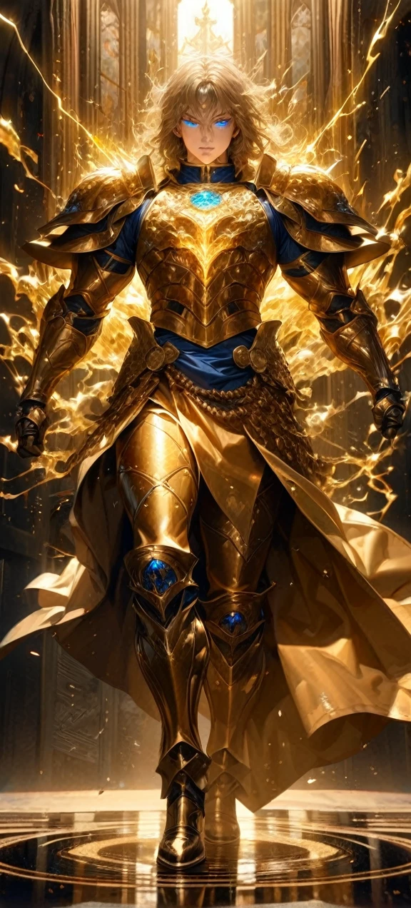  High quality, ultra realistic,absurdres, highres, ultra detailed, HDR, masterpiece, extremely detailed face and eyes,  Sagitarius Seiya, Saint Saiya , Golden Armor, solo, ,man, handsome, ,white eyeleshes, blue eyes , , Golden splashing effect, Golden lightning  effect,glowing glitters ,full body view,  symetrical 