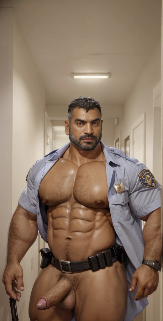 1boy, old indian dad, solo, facial hair,74 yrs old, police belt, police officer with weapons, male focus, flaccid penis, pectorals, bara, muscular, mature male, muscular male, abs, beard, ring nipples, chest harness, short hair, navel, stomach, large pectorals, thick eyebrows, bare pectorals, dark-skinned male, erection, thighs, garter and suspenders, erection under clothes, fancy suit, dark skin, tie, open shirt, jacket, grey business suit, pectoral cleavage, cowboy shot, cop agent uniform, feet out of frame, thick thighs, looking at viewer, masterpiece, 4k, high quality, highres, absurdres,