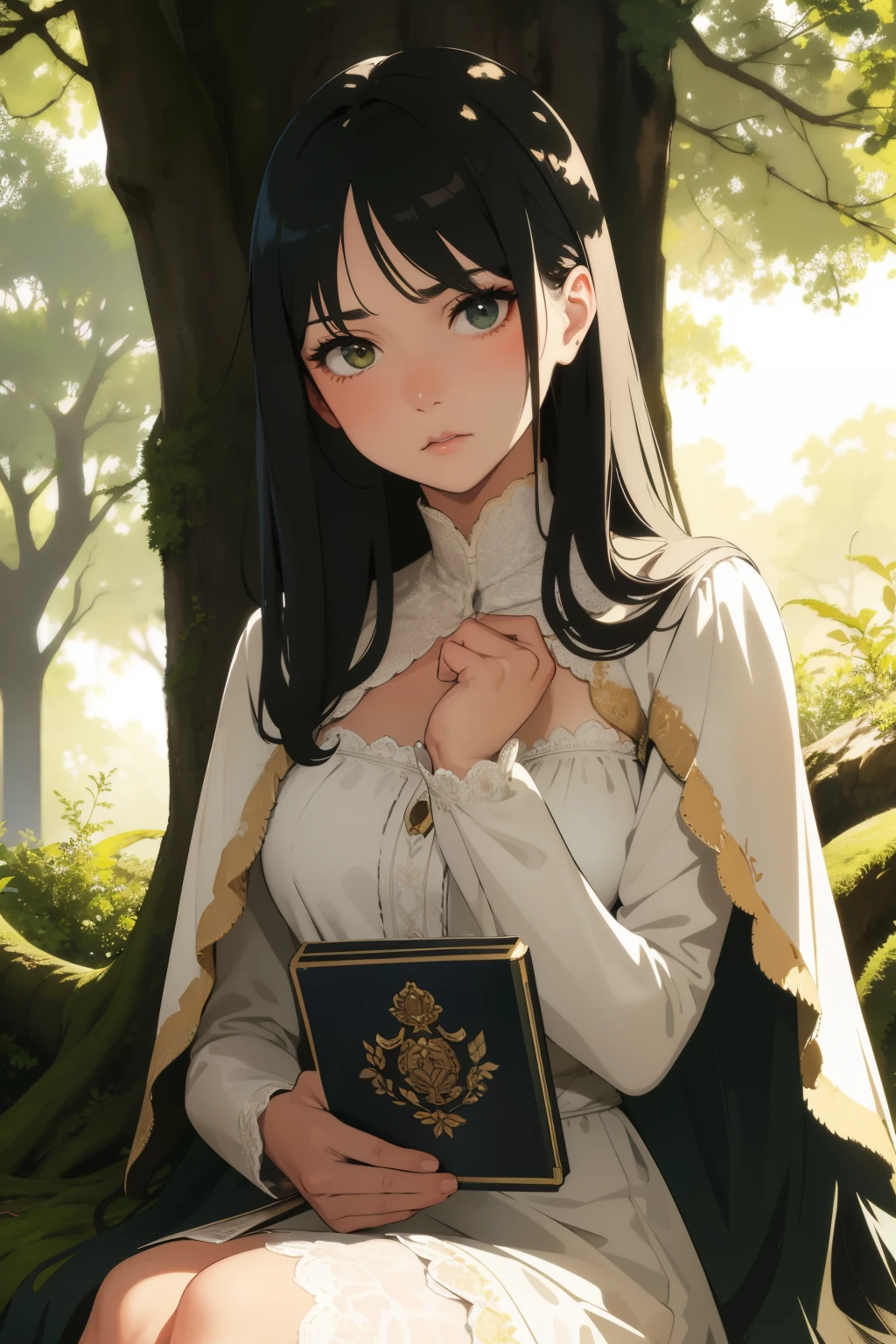 Magnificent portrait, finest quality, nestled beneath the colossal foliage of an ancient tree - S2. A , enchantingly clothed in a cotton frock with white lace, a single figure basking in the dappled sunlight filtering through the canopy. She is depicted sitting on the soft, moss-covered roots of the tree, her hand delicately cradling her face, a slight frown on her lips, accompanied by a tilt of her head and a gaze directed subtly to the side. In her other hand, she holds a worn-out, leather-bound book, a quill inlaid with a feather poised at the edge