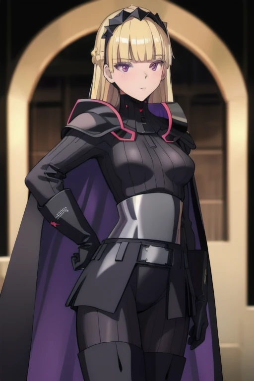 8k,highres,absurdres,masterpiece,best quality,original,extremely detailed CG,extremely detailed wallpaper,perfect lighting,1girl,solo,blurry_background,looking_at_viewer,
AmSW,long hair,blonde hair,black gloves,purple eyes,black hairband,cape,cape cloaked,black bodysuit,medium breasts,braid,blunt bangs,