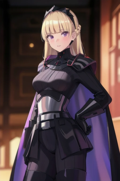 8k,highres,absurdres,masterpiece,best quality,original,extremely detailed CG,extremely detailed wallpaper,perfect lighting,1girl,solo,blurry_background,looking_at_viewer,
AmSW,long hair,blonde hair,black gloves,purple eyes,black hairband,cape,cape cloaked,black bodysuit,medium breasts,braid,blunt bangs,