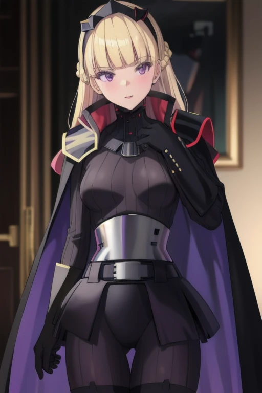 8k,highres,absurdres,masterpiece,best quality,original,extremely detailed CG,extremely detailed wallpaper,perfect lighting,1girl,solo,blurry_background,looking_at_viewer,
AmSW,long hair,blonde hair,black gloves,purple eyes,black hairband,cape,cape cloaked,black bodysuit,medium breasts,braid,blunt bangs,