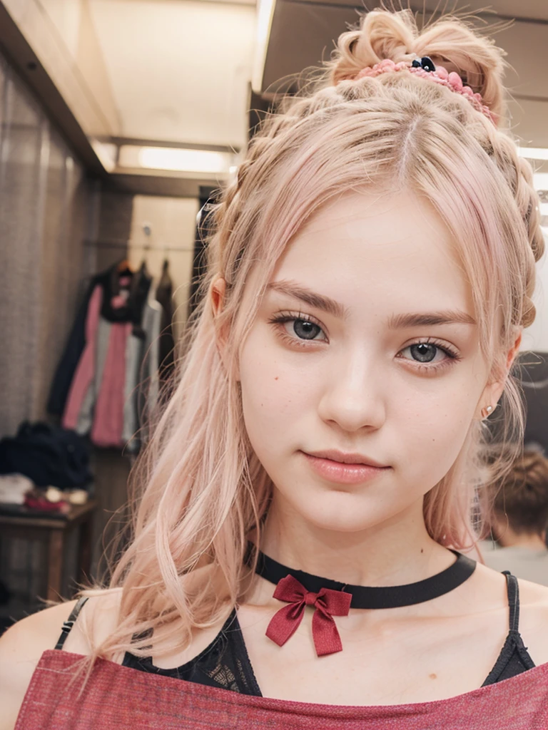 Female pink long hair, light pink clothing,  cute accessories,  red eyes, boyfriend in the background, japanese girl, 18 years old, realistic human