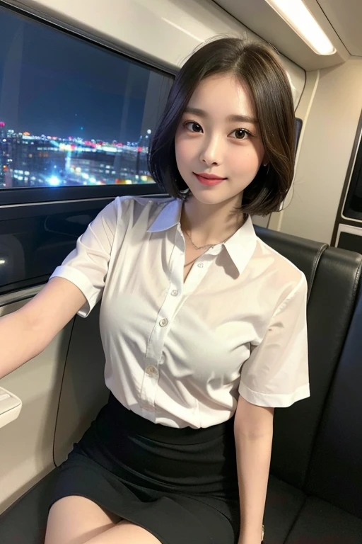 1 girl, age 12, beautiful detailed eyes, beautiful detailed lips, long eyelashes, symmetrical face, youthful smooth complexion, short bob hair, slender figure, ample round bosom, friendly approachable smile, dimples, confident poised demeanor, white short-sleeve blouse, she is wet and drenched from the rain, unbuttoned collar, plaid mini-skirt, sitting in empty china bullet train at night, drenched from heavy rain, nightsky background blurred with bokeh effect,(best quality,4k,8k,highres,masterpiece:1.2),ultra-detailed,(realistic,photorealistic,photo-realistic:1.37),HDR,UHD,studio lighting,ultra-fine painting,sharp focus,physically-based rendering,extreme detail description,professional,vivid colors,bokeh