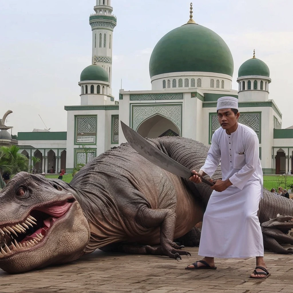 a photo of an Indonesian man, wearing Muslim clothes and a white peci, holding a machete, ready to slaughter a large sleeping T-rex on the ground. In the background of the mosque courtyard, a mosque with a green dome is visible. 