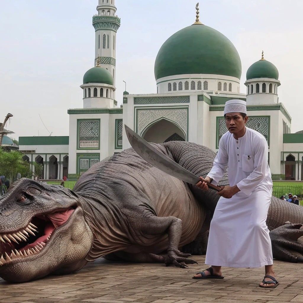 a photo of an Indonesian man, wearing Muslim clothes and a white peci, holding a machete, ready to slaughter a large sleeping T-rex on the ground. In the background of the mosque courtyard, a mosque with a green dome is visible.