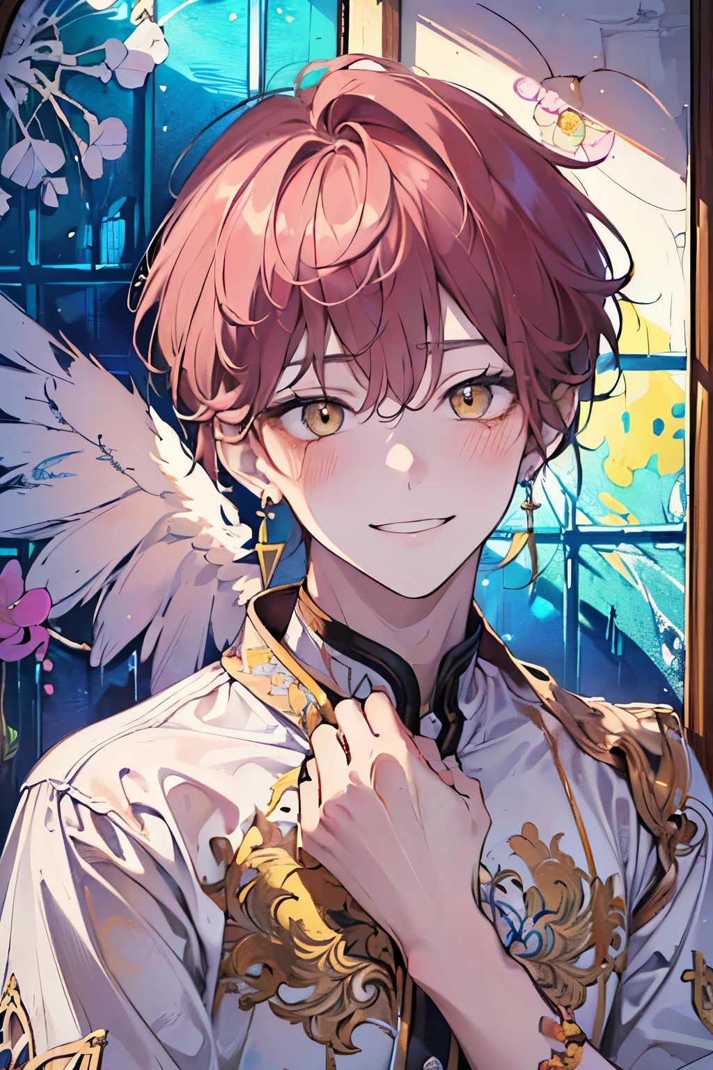 ((ars old man:1.3)), masterpiece, best quality,light hair, (half up and half down hair:1.1),(portrait),white dress,(pop and cute flower pattern background), (perfect hands),(,yellow,white),looking front,((Large and gorgeous earrings:1.1)),(Blushing and a shy smile:1.35),((upper body)),((Stained glass wall with angels:1.2)),((Chapel:1.3)),(hand to own cheek:1.4)