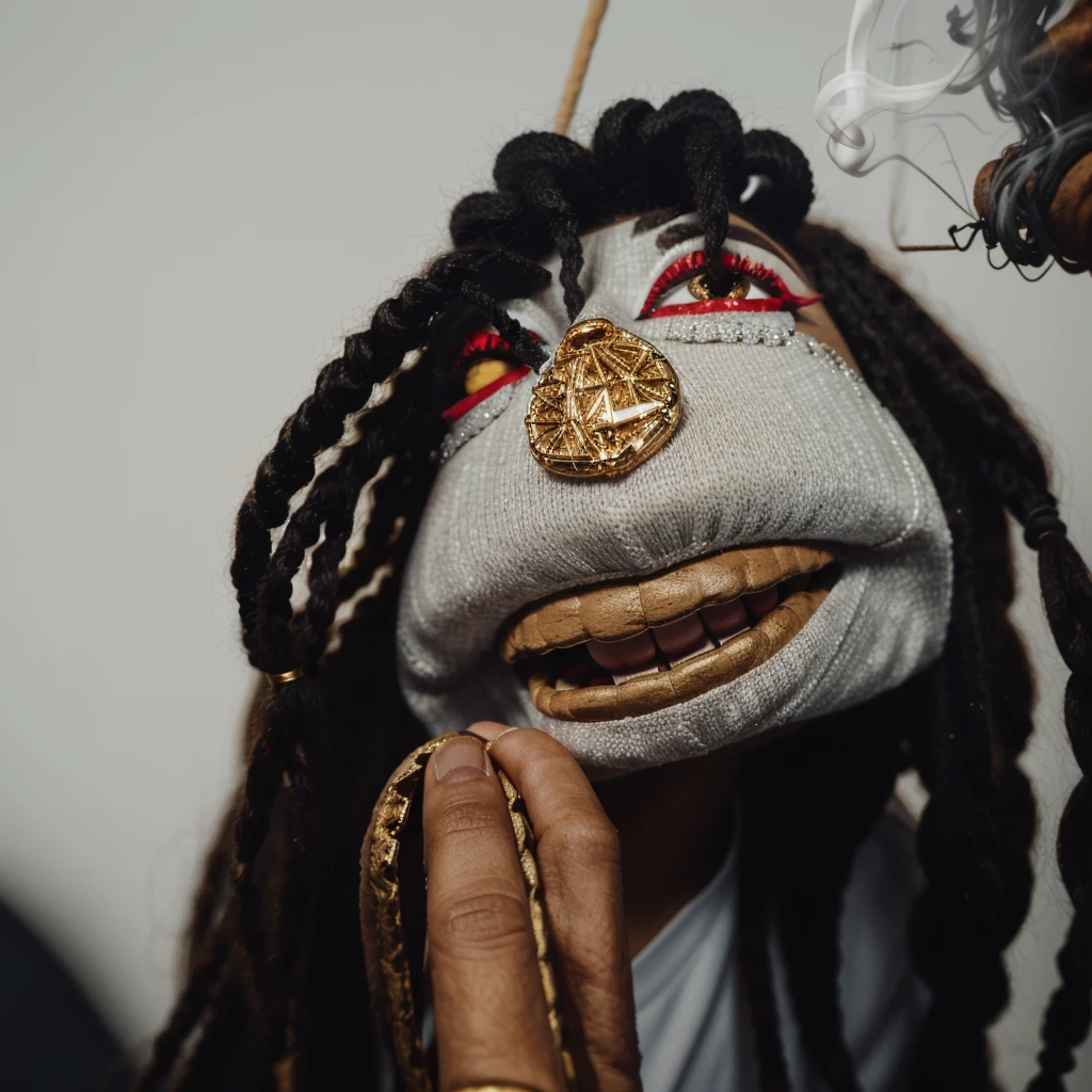 a close up of a cute sock puppet with dreadlocks smoking a cigar, realistic cloth puppet, string puppet, wearing diamond gold grills on his teeth, he is smoking a blunt, his eyes are low and red because he is high, highley detailled, face big bold eyes