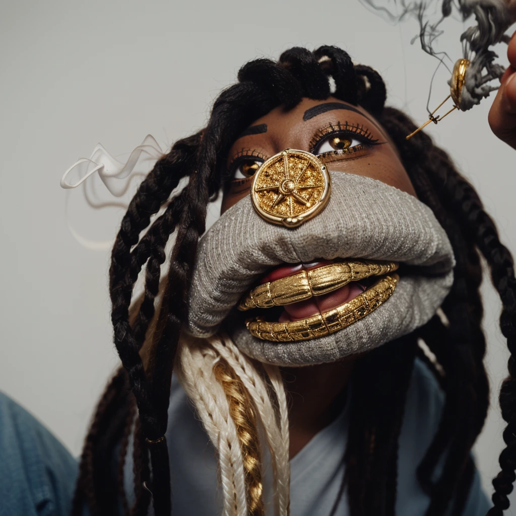a close up of a cute sock puppet with dreadlocks smoking a cigar, realistic cloth puppet, string puppet, wearing diamond gold grills on his teeth, he is smoking a blunt, his eyes are low and red because he is high, highley detailled, face big bold eyes