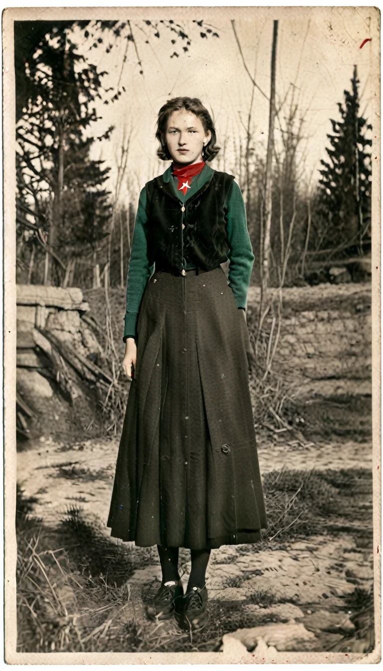 Year 1939, beautiful, Young woman, 17-18 years old , Dark green jacket, red turtleneck, The jacket has a red four-pointed star on the lapel.., Wearing a black vest throughout.., wear a skirt,school shoes, Eastern Slavs(Soviet Union), Soviet Union, World War 2, ww2 old photos, ww2 military camp, 8k, Masterpiece, best quality, perfect face,