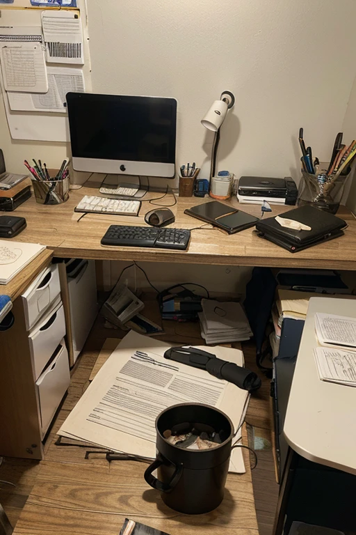 generate realistic images at different angles where a desk area is super disorganized and messy. Hay papeles amontonados y tirados , objects without a specific place and work tools scattered all over the surface
