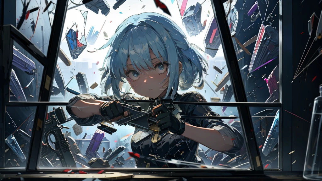 Anime girl with a gun、Looking through a broken glass window with a bullet in it, everyone, from Girls' Frontline, Fine details. Girls' Frontline, Anime Machine Gun Shooting, Girls' Frontline cg, Anime Bullet VFX, Railgun, Gweitz, Girls' Frontline style, Girls' Frontline, anime shot, Female Action Anime Girl, 4K Manga Wallpapers, With a pistol, makoto shinka