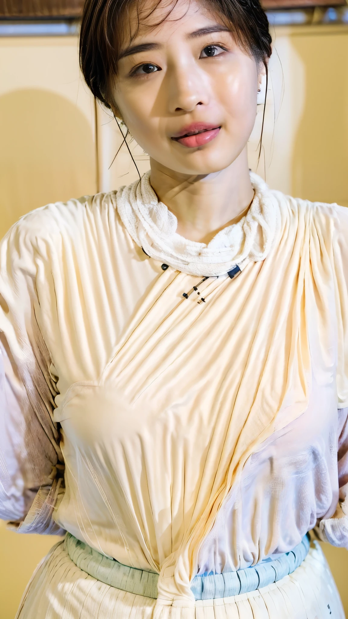 ((masutepiece,top-quality)), (photographrealistic:1.4),((masutepiece,8K))、white wall、(white room)、((full body photo))、shot in natural light、Highly detailed face and skin texture、highly detailed lips、correct state of the human body、Super high resolution、(Photoreal:1.4)、top quality, 1 beautiful woman, 28 years old, s, 250mm lens、Light yellow Knit、(Dark brown medium shorthair)、Japanese woman、(dark brown hair)、Versatile poses、looking at the camera、natural color lip、Winter clothes、 necklace、indoor