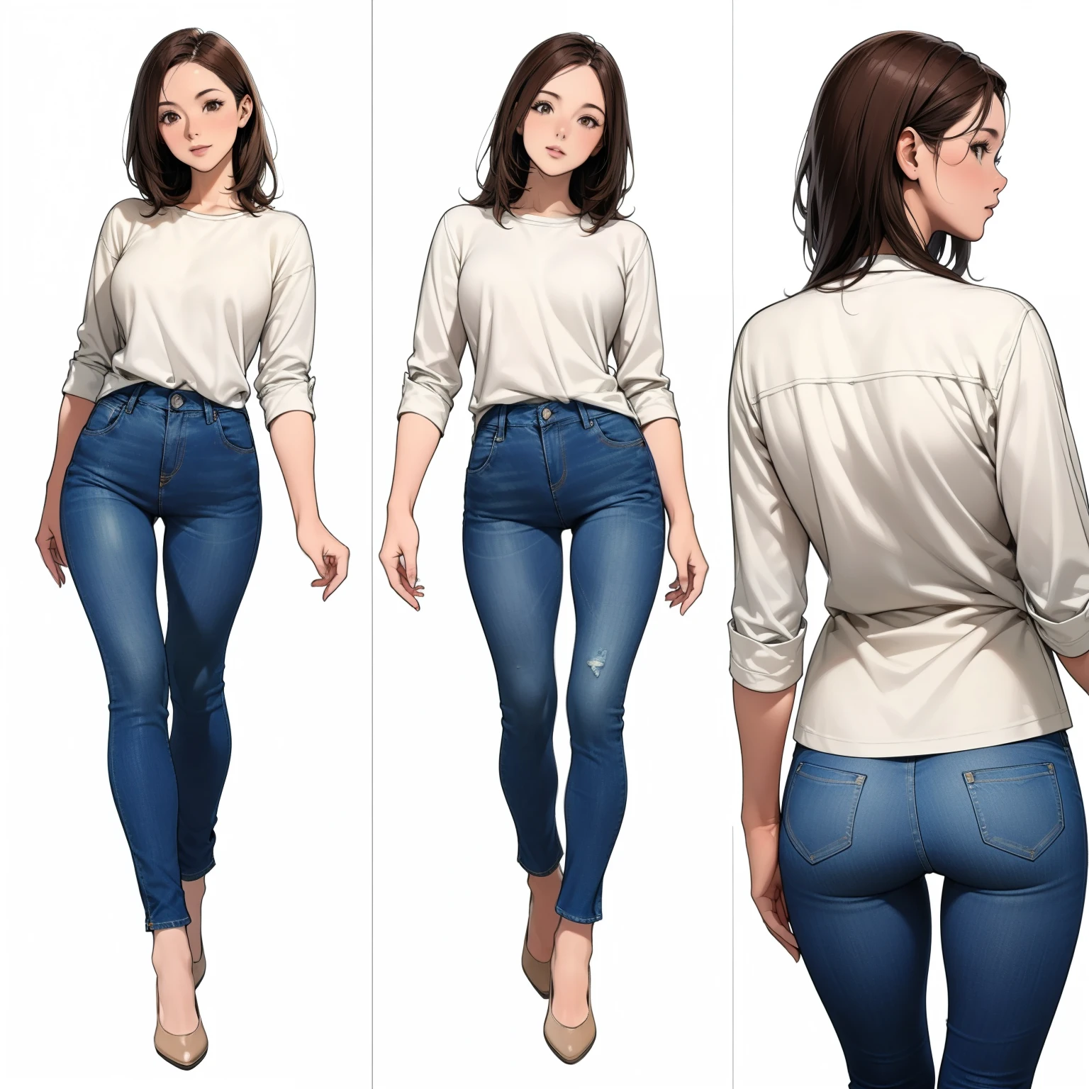 Detailed character sheet, Front view, Side view, Diagonal view, with a white returnground, show women, 30 years old, with short dark brown hair combed return, Wearing light casual clothing, Wearing tight denim jeans. The seat includes different angles, Front etc., return, and Side views, Model sheets and reference sheets, Full-body painting. Proportions are based on a 7.5 head scale.