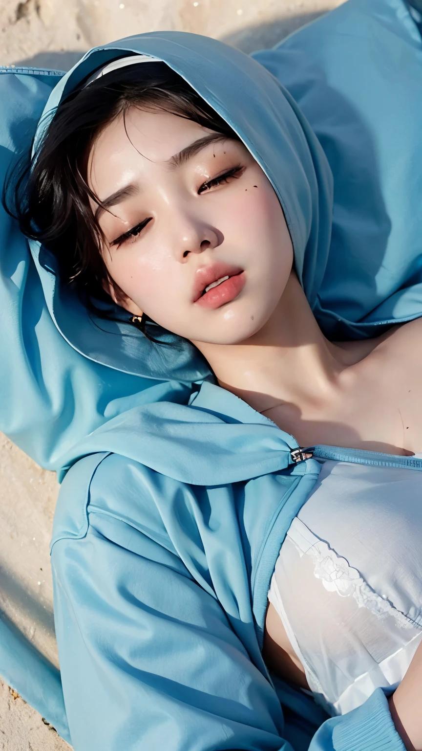 Best image quality, Excellent details, Ultra-high resolution, (realism: 1.2), Best illustrations, Favorite Details, A young Korean Idols woman and very condensed woman, 21 years old, Beautiful and delicate facial features, Perfect Proportions, ((From up)),((((Lie on your back on the ground, Close ~ eyes,defeat with blood)))),Perfect Breasts, Chubby:0.4, ((A swollen belly like perfect body woman)),((I like hijab and Starbucks suits, blue mech)), The background is a military base, (wet shot:0.4).