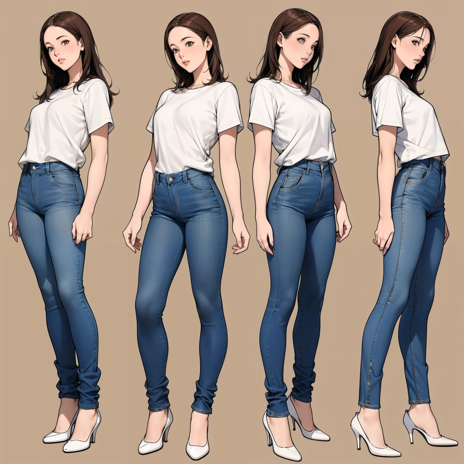 Detailed character sheet, Front view, Side view, Diagonal view, with a white returnground, show women, 30 years old, with short dark brown hair combed return, Wearing light casual clothing, Wearing tight denim jeans. The seat includes different angles, Front etc., return, and Side views, Model sheets and reference sheets, Full-body painting. Proportions are based on a 7.5 head scale.