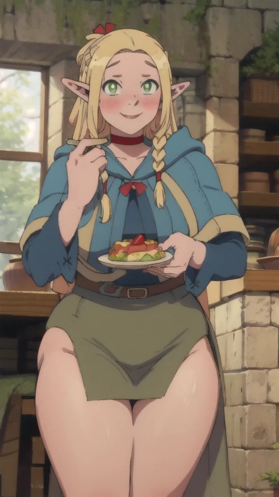 ((masterpiece,best quality)), absurdres,
Marcille_Donato_DungeonMeshi, 
1girl, solo, blonde hair, long hair, twin braids, elf, pointy ears, green eyes,
red choker, blue capelet, 
eating, plate, spoon
solo, smile,  blush, looking at viewer,(((thick thighs))) thin waist, gigantic breasts, 