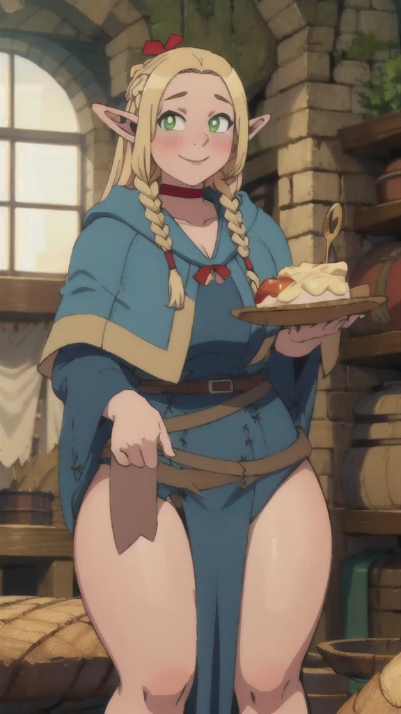 ((masterpiece,best quality)), absurdres,
Marcille_Donato_DungeonMeshi, 
1girl, solo, blonde hair, long hair, twin braids, elf, pointy ears, green eyes,
red choker, blue capelet, 
eating, plate, spoon
solo, smile,  blush, looking at viewer,(((thick thighs))) thin waist, gigantic breasts, 