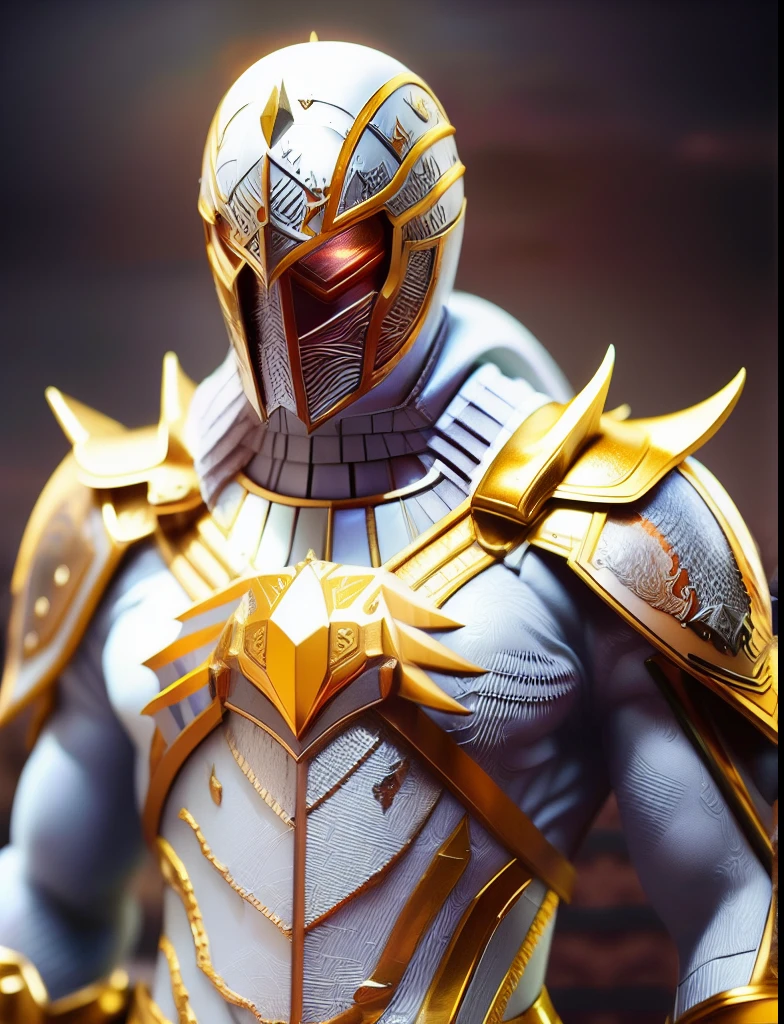 Homem lobo branco de armadura fechada com espada e escudo no meio de uma guerra mundial