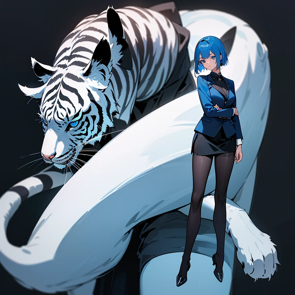 age girl (blue hair),(blue eyes),(Wear a simple, elegant, plain black skirt suit.),(The background is night on a tall building. There is 1 white tiger.),elegant