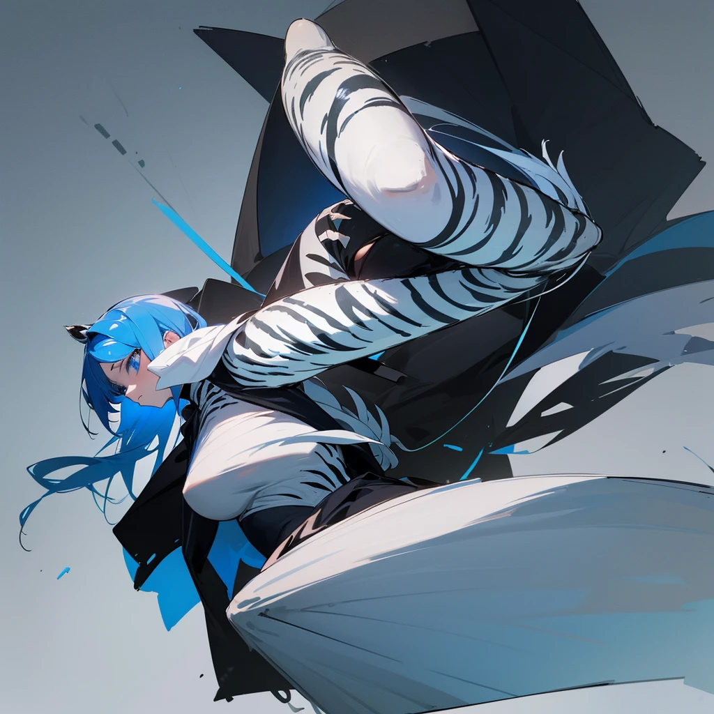 age girl (blue hair),(blue eyes),(Wear a simple, elegant, plain black skirt suit.),(The background is night on a tall building. There is 1 white tiger.),elegant