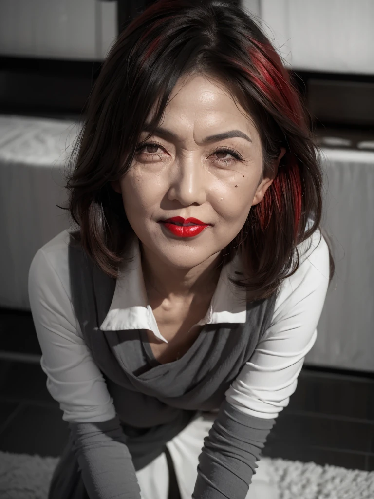 NSFW, ((highest quality)), ((8K)), ((masterpiece:1.3)), (perfect look), (photorealism:1.6), (TI, JMA), (walking woman), (Japanese woman shopping), (A shopping mall where many people go), clear background, (grayscale: 1.6), japanese woman, 47 years old, ((Realistic skin texture)), (Fine wrinkles throughout the skin), (Dull skin), (Skin without moisture) , (Wrinkles on the face:), (Wrinkles on the corners of the eyes), Double eyelids, tear bags on the lower eyelids, (Crying moles), The eyes are looking here, serious gaze, (Dimples), (short bangs), short hair, Long hair with curls at the tips, (hair falls over ears), smiling with the corners of the mouth raised, soft fabric blouse, wide sleeves, Cuffs that fit your wrist, long skirt, barefoot, hair fluttering in the wind, small breasts, BREAK(bright red lips: 1.6),BREAK (whole body: 1.4), Angle from feet: 1.4,