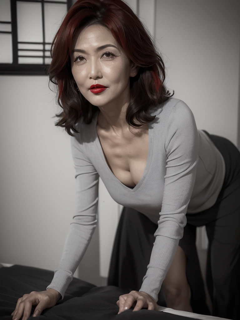 NSFW, ((highest quality)), ((8K)), ((masterpiece:1.3)), (perfect look), (photorealism:1.6), (TI, JMA), (walking woman), (Japanese woman shopping), (A shopping mall where many people go), clear background, (grayscale: 1.6), japanese woman, 47 years old, ((Realistic skin texture)), (Fine wrinkles throughout the skin), (Dull skin), (Skin without moisture) , (Wrinkles on the face:), (Wrinkles on the corners of the eyes), Double eyelids, tear bags on the lower eyelids, (Crying moles), The eyes are looking here, serious gaze, (Dimples), (short bangs), short hair, Long hair with curls at the tips, (hair falls over ears), smiling with the corners of the mouth raised, soft fabric blouse, wide sleeves, Cuffs that fit your wrist, long skirt, barefoot, hair fluttering in the wind, small breasts, BREAK(bright red lips: 1.6),BREAK (whole body: 1.4), Angle from feet: 1.4,