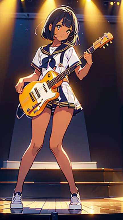 masterpiece, best quality, dark skin, short hair, yellow eyes, black hair, beautiful girl, thin, full body, tall girl, ((cute white long sailor uniform)), ((kawaii)), plan boobs, short boobs, small boobs, ((short chest)), ((big butt)), ((wide thigh)), front view, playing electric guitar and singing with microphone, school auditorium