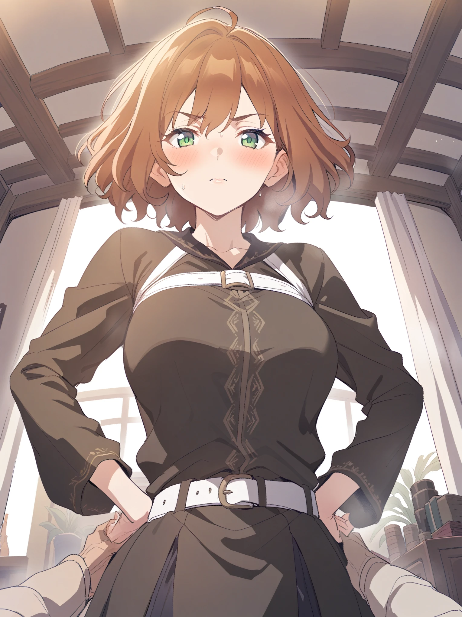 {{upper body, dutch angle}} {{Artist: sincos}} 1girl, mature female, brown hair, short hair, green eyes, black dress, white belt, indoors, living room, standing, hands on hips, pov, medieval fantasy