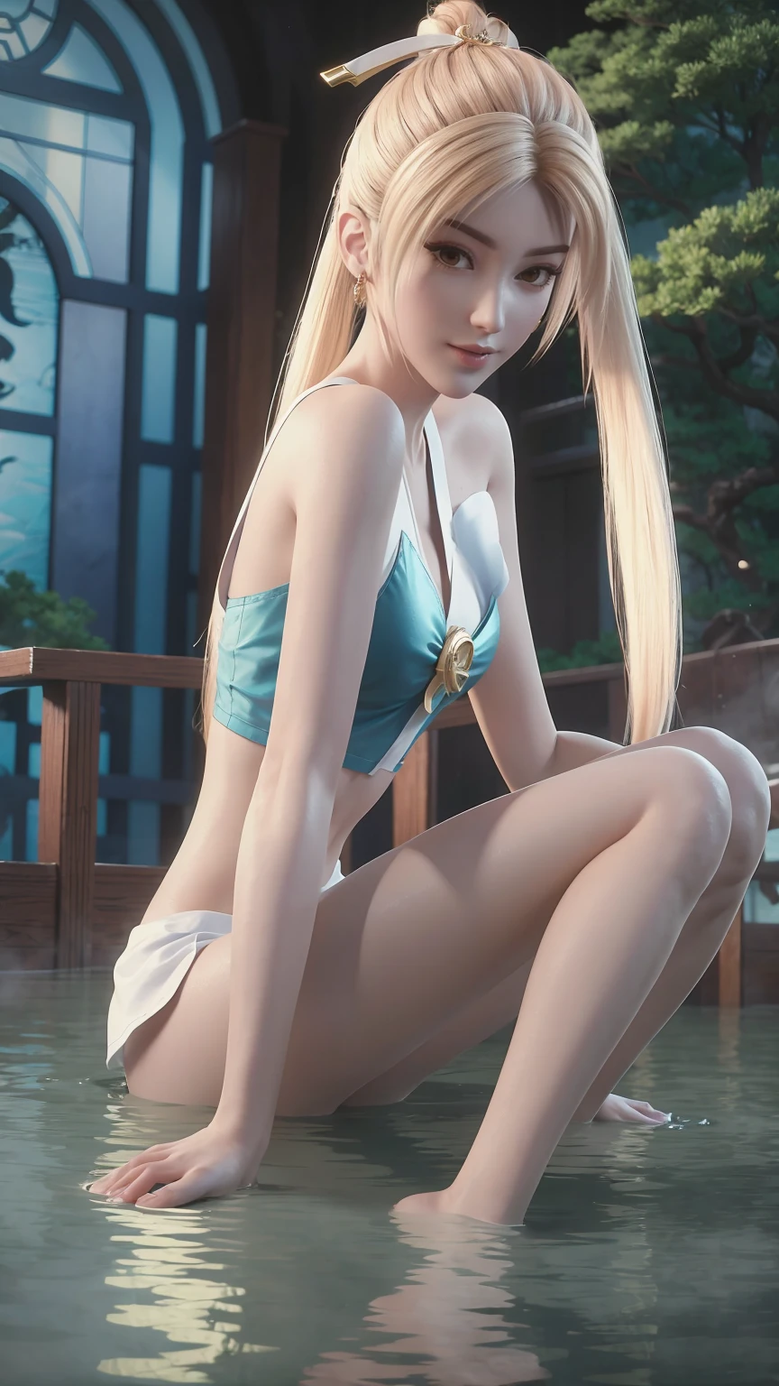 whole body，Barefoot girl，Beautiful woman in white sailor suit, Exorcism, sitting on water, The dragon is winding, Anime Girl Cosplay, Roleplay pictures, Anime role playing, Sailor Moon style, Realistic style, Shooting by machine, 8K Native, Lighting Effects, Attractive anime girl, Beautiful and attractive anime woman, Anime Goddess