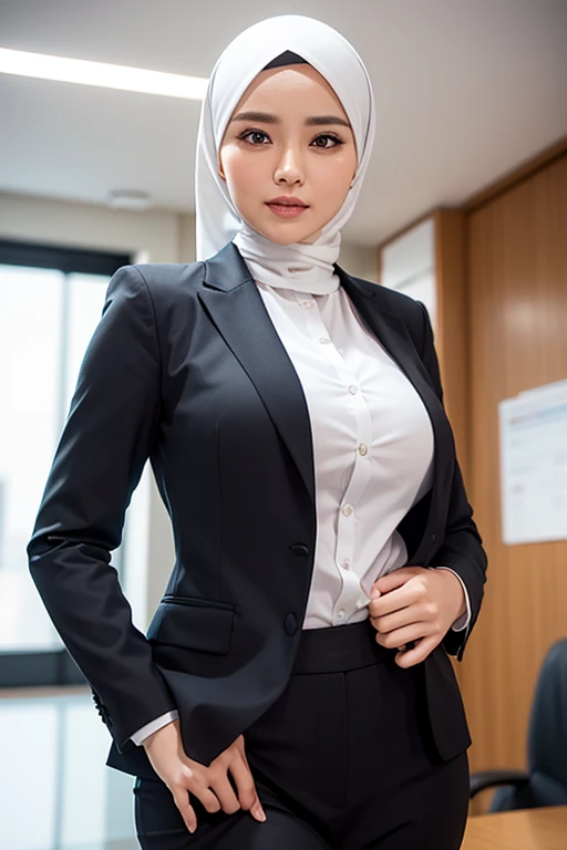 a beautiful 42 year old busty indonesian woman, in hijab, office suit with blazer, i am th boss, full body portrait, (best quality,4k,8k,highres,masterpiece:1.2),ultra-detailed,(realistic,photorealistic,photo-realistic:1.37),hyper detailed face,extremely detailed eyes and face,detailed makeup,long eyelashes,beautiful detailed lips,elegant pose,confident expression,warm lighting,cinematic angle,office interior background,high quality,intricate details