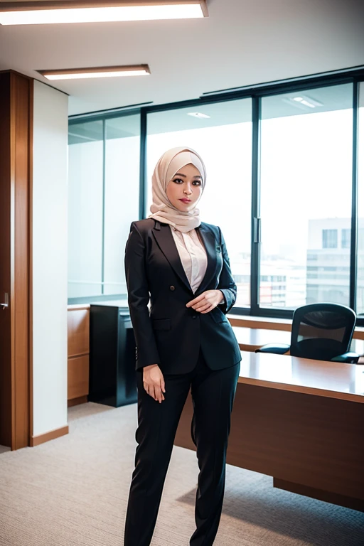 a beautiful 42 year old busty indonesian woman, in hijab, office suit with blazer, i am th boss, full body portrait, (best quality,4k,8k,highres,masterpiece:1.2),ultra-detailed,(realistic,photorealistic,photo-realistic:1.37),hyper detailed face,extremely detailed eyes and face,detailed makeup,long eyelashes,beautiful detailed lips,elegant pose,confident expression,warm lighting,cinematic angle,office interior background,high quality,intricate details