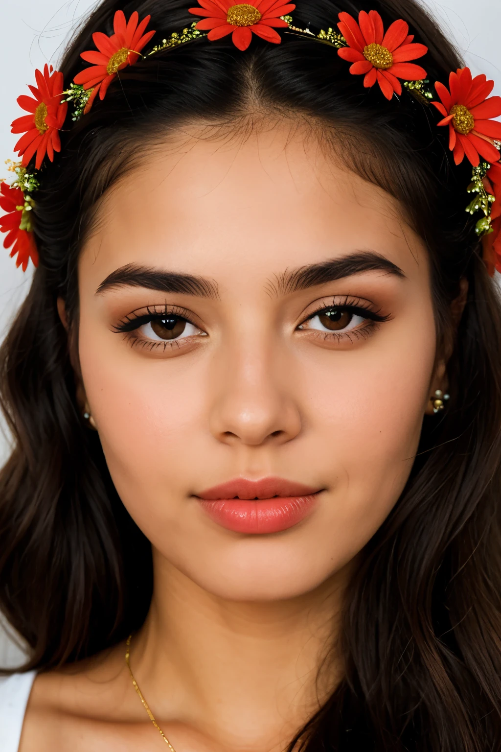 mujer con pupilas con fuego, flowers in her hair and neck with eyelashes that look like crowns