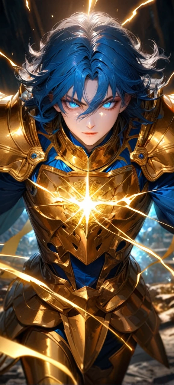  High quality, ultra realistic,absurdres, highres, ultra detailed, HDR, masterpiece, extremely detailed face and eyes,  Sagitarius Seiya, Saint Saiya , Golden Armor, solo, ,man, handsome, ,white eyeleshes, blue eyes , , Golden splashing effect, Golden lightning  effect,glowing glitters , symetrical 
