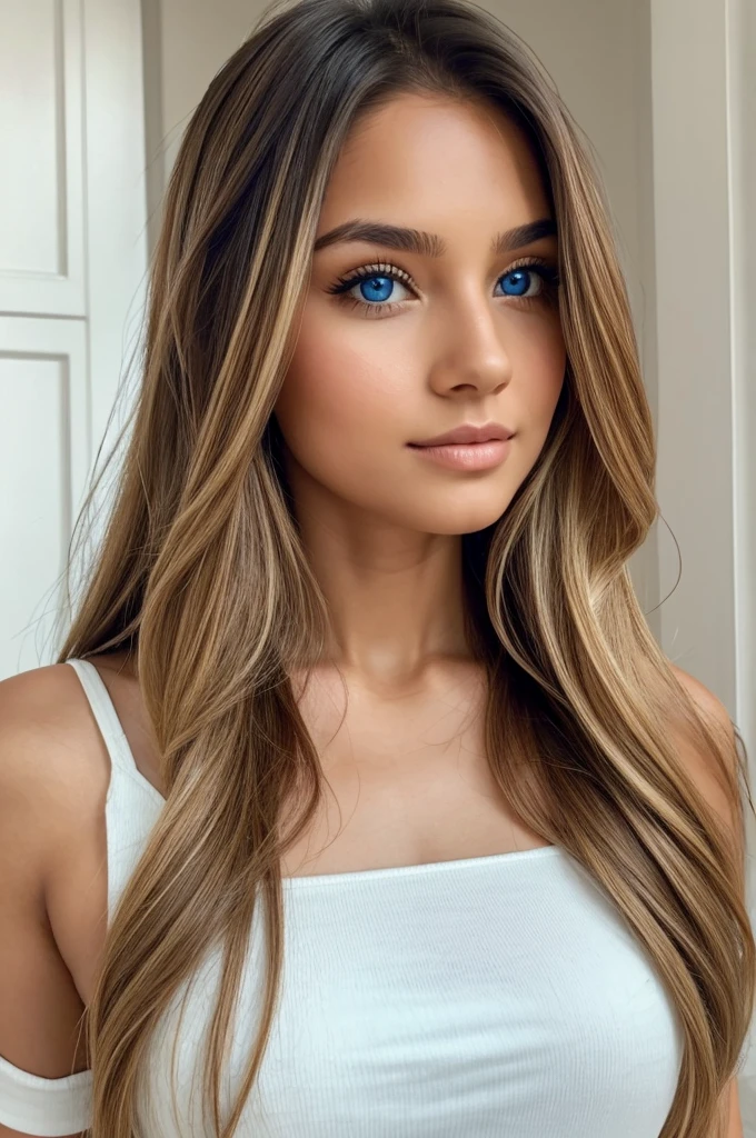 Badashanren esmaga supermodelo venezuelana, cabelo longo, vestido amarelo pastel, apertado, Breve retrato da parte superior do corpo, peito natural grande, hiper-realista, Fundo de quarto feminino muito detalhado,luz solar ,1girl in, age18, Solo, Long hair, , Looking at Viewer, blondehair, Bare shoulders, jewely, Full body, (extremely detailed 8k wallpaper), soft lighting, high quality, film grain, Fujifilm XT3 sharp focus, f 5.6, High Detail, Sharp focus,(natural light), (closeup:1.2), (seductive), off shoulders T-shirt, Realistic, A sexy, cute blue eyes