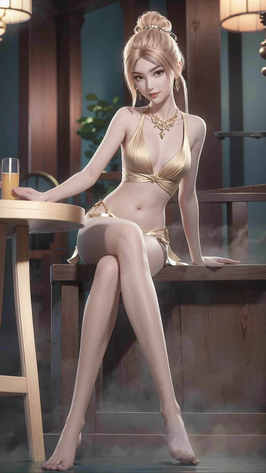 ((Shot in the knee)), ((From below)),A young girl, At the bar, sit on the chair, Cross your legs, Posing elegantly, Detailed scenario, Messy long hair, Brown hair, Light makeup, Blush Blush, Beautiful slender legs, (Very high color saturation), details, Ultra Detailed, (masterpiece, Best quality), (Extremely exquisite and beautiful work), Delicate earrings, Exquisite necklace, Simple blur background, Extremely detailed description,  Super Fine, Delicate face, slim body, Thin waist, (Grin), (Anatomically correct)，whole body，barefoot