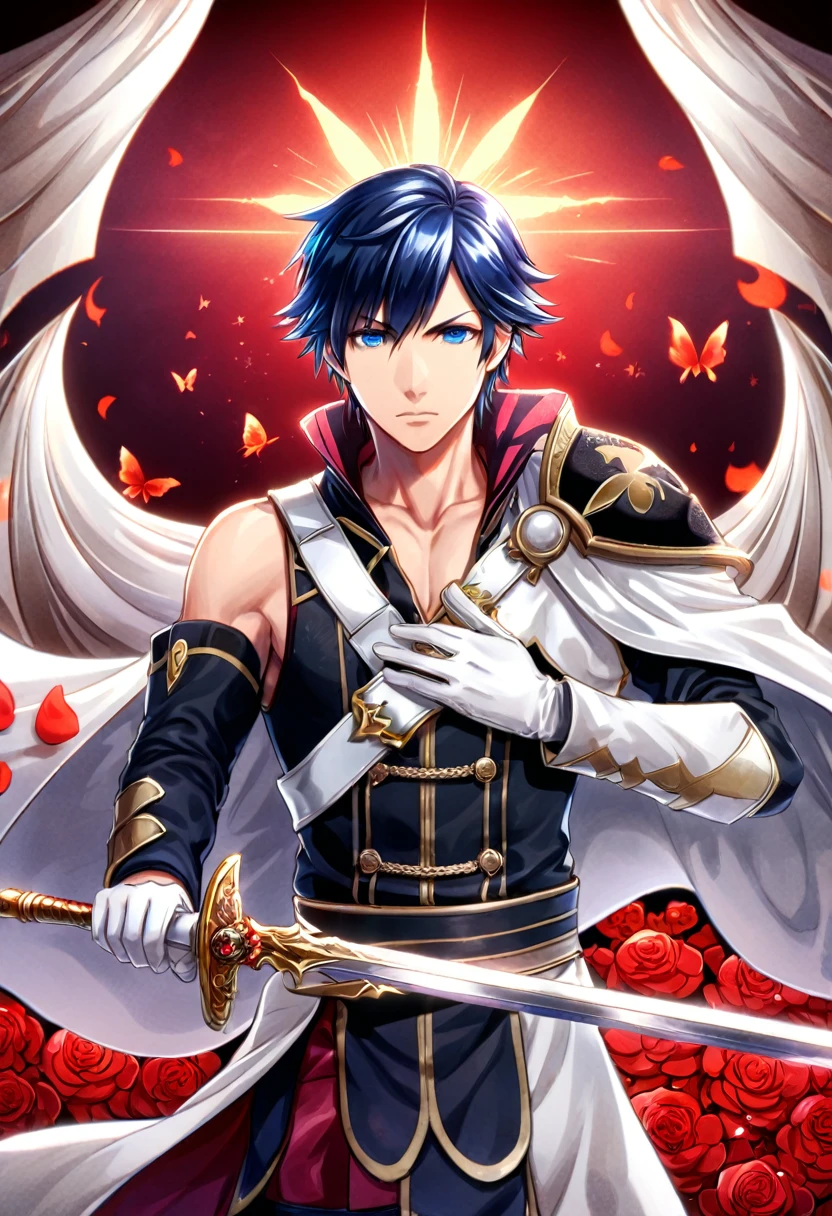 absurdres, highres, ultra detailed, HDR, master piece, best quality, Chrom, dark blue hair, expressive blue eyes, fire emblem awakening, solo, sexy man holding a sword, handsome, falchion, black prince clothes, white cape, white gloves, magical, fantasy, shining, red sky, red flowers, red blossoms, red butterflies, red petals