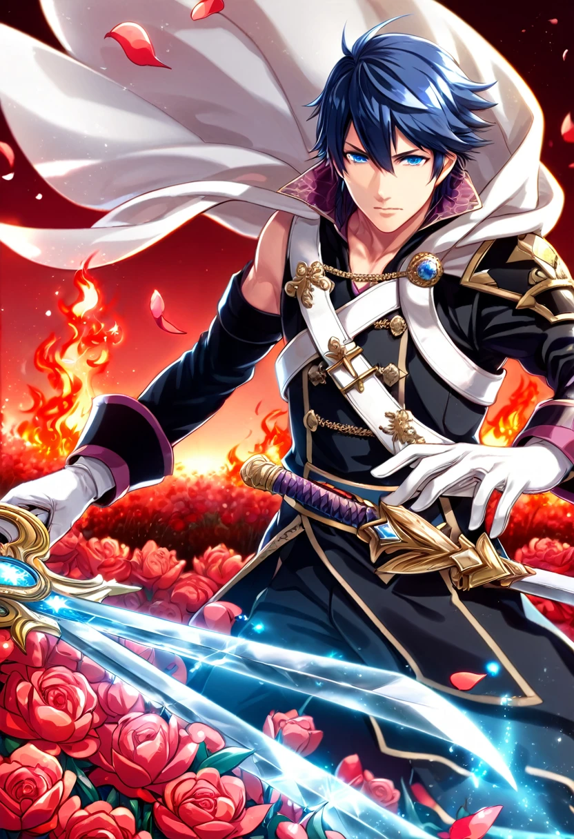 absurdres, highres, ultra detailed, HDR, master piece, best quality, Chrom, dark blue hair, expressive blue eyes, fire emblem awakening, solo, sexy man holding a sword, handsome, falchion, black prince clothes, white cape, white gloves, magical, fantasy, shining, red sky, red flowers, red blossoms, red butterflies, red petals