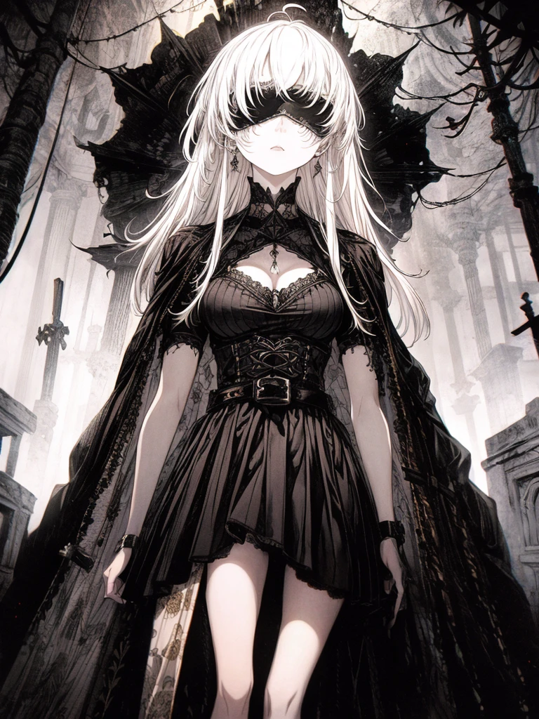 base layer: A spooky basement with a highly complex fractal background based on mystical symbolism, Breaking the middle class: A girl wearing a bloody white gothic dress, super long blonde hair and blunt bangs, Split Foreground Layer: Blindfolded with a black belt, BREAK effect layer: Emphasizes a mysterious and eerie atmosphere, Break Final touches: emphasize gothic, Spooky atmosphere with subtle lighting and shadow effects.